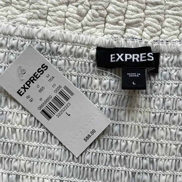 Express Off The Shoulder Top Women's L Blue Floral Balloon Sleeves Pleated - Picture 6 of 10